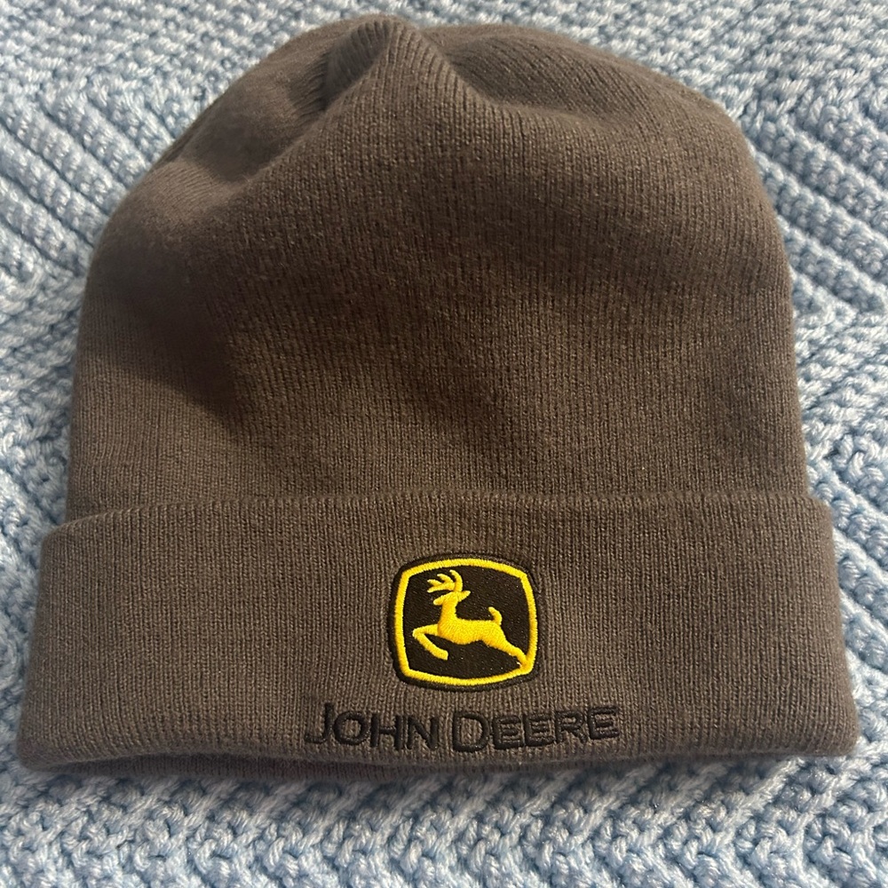 John Deere Gray Knit Hat with Yellow Emblem & John Deere bag